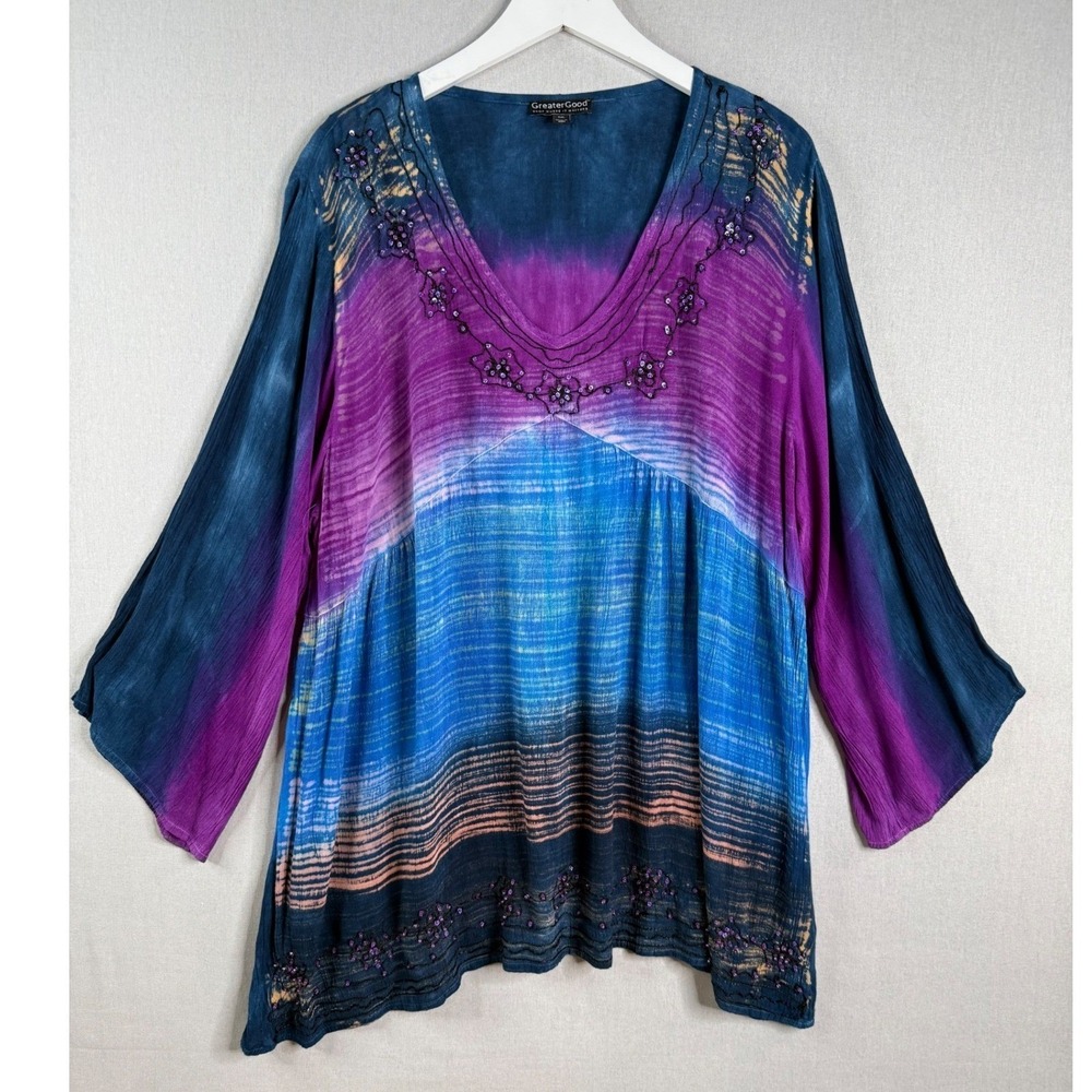 GreaterGood Tunic Top Womens XXL Blue Purple Tie Dye Sequin‎ Boho V-Neck